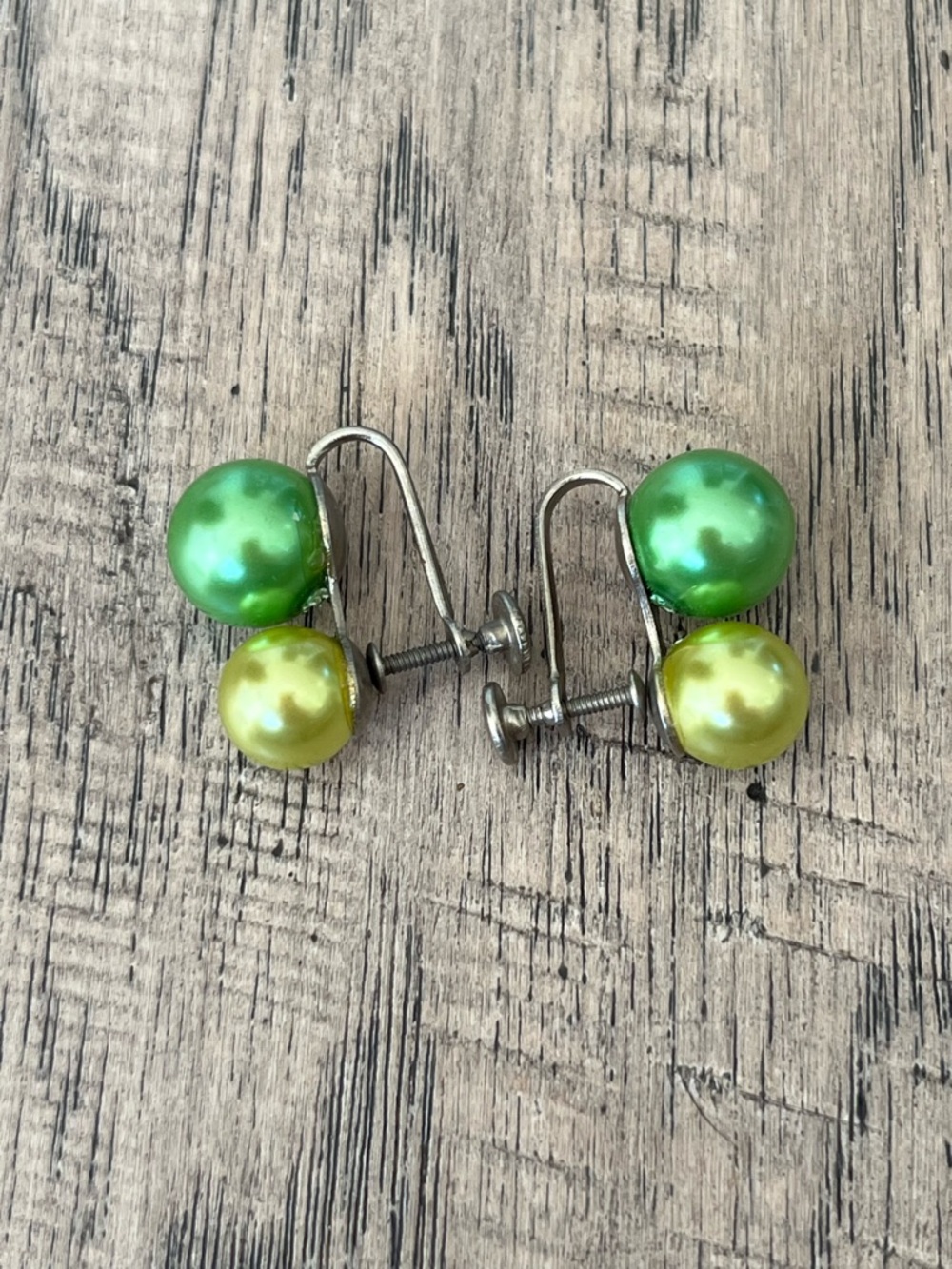 Vintage Green and Yellow Pearl Double-Stud Earrings